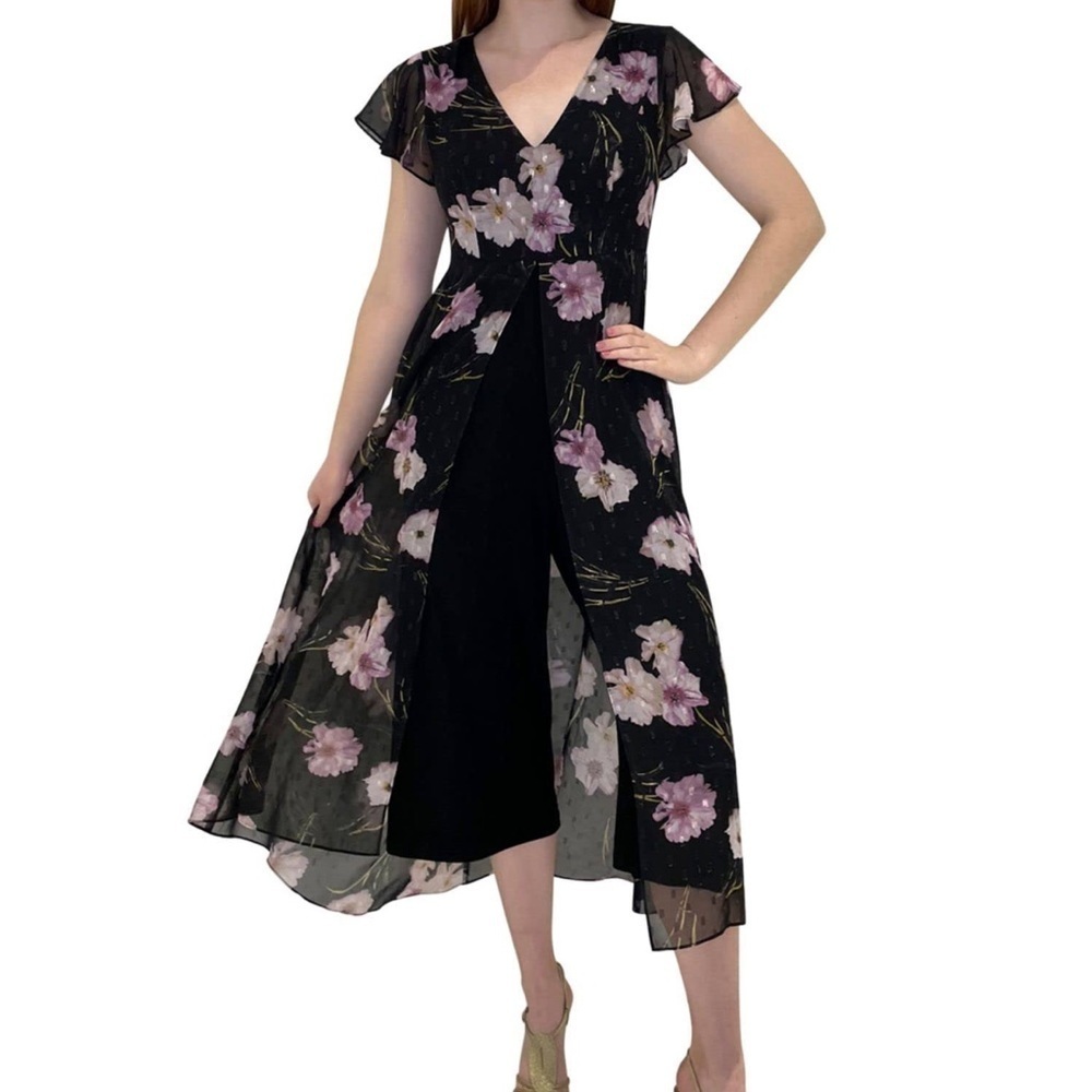 Adrianna Papell Walk Thru Jumpsuit Metallic Chiffon Floral Pattern Romper